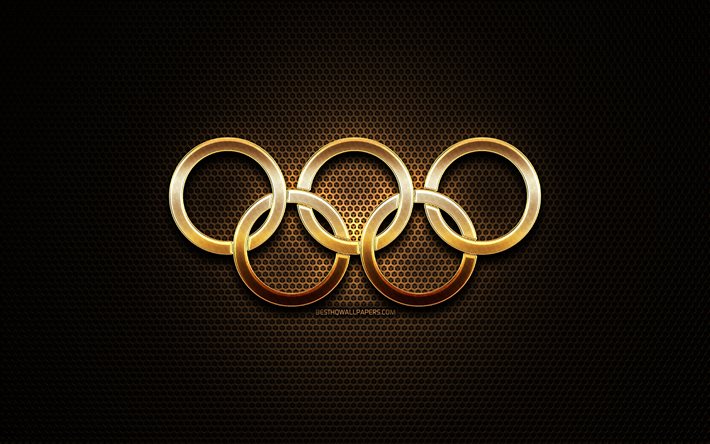 Golden Olympic rings, gold glitter rings, artwork, metal grid background, creative, olympic symbols, Gold Olympic Rings