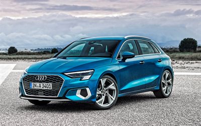 2021, Audi A3 Sportback, exterior, front view, blue hatchback, new blue A3 Sportback, German cars, Audi
