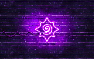 hearthstone violett-logo, 4k, violett brickwall -, hearthstone-logo 2020 spiele, hearthstone neon-logo, ruhestein