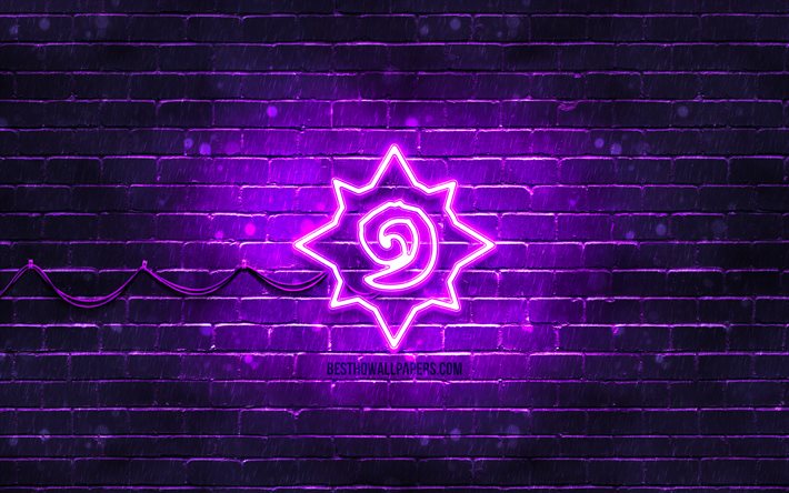 Hearthstone violet logo, 4k, violet brickwall, Hearthstone logo, 2020 games, Hearthstone neon logo, Hearthstone