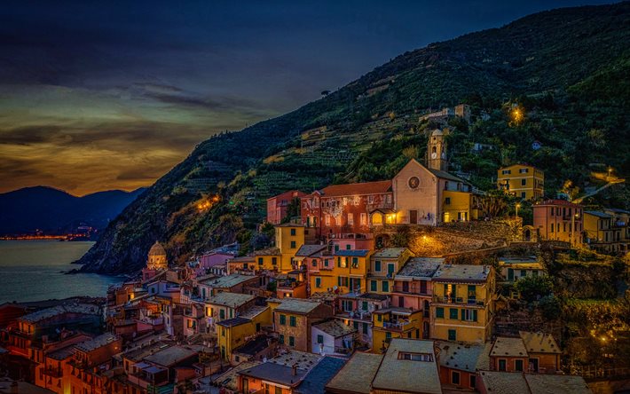 Vernazza, Ligurian Sea, nightscapes, Cinque Terre, Liguria, italian cities, Italy, Europe, HDR, Vernazza at night