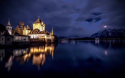 Oberhofen Castle, Thunersee, Lake Thun, evening, mountain landscape, beautiful lake, Switzerland, Canton of Bern, Oberhofen