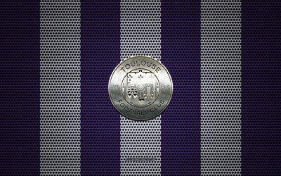Toulouse FC logo, French football club, metal emblem, purple-white metal mesh background, Toulouse FC, Ligue 1, Toulouse, France, football