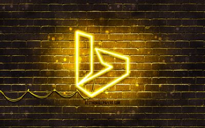 Bing giallo logo, 4k, giallo brickwall, Bing, logo, marchi, Bing neon logo