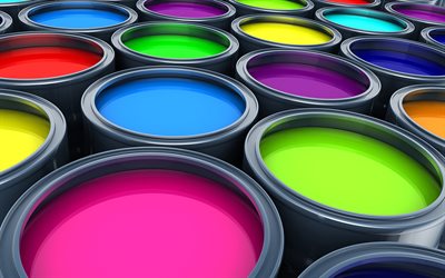 latas de tinta, pintura multicolorida, Arte 3D, pintura, criativo, latas