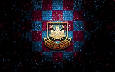 West Ham United FC, glitter logotyp, Premier League, lila bl&#229; rutig bakgrund, fotboll, FC-West Ham United, engelska football club, West Ham United logotyp, mosaik konst, England