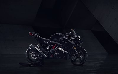 TVS Apache RR 310, exterior, vista lateral, motocicleta preto, motocicleta esportiva, preto moto de corrida, TVS Motor
