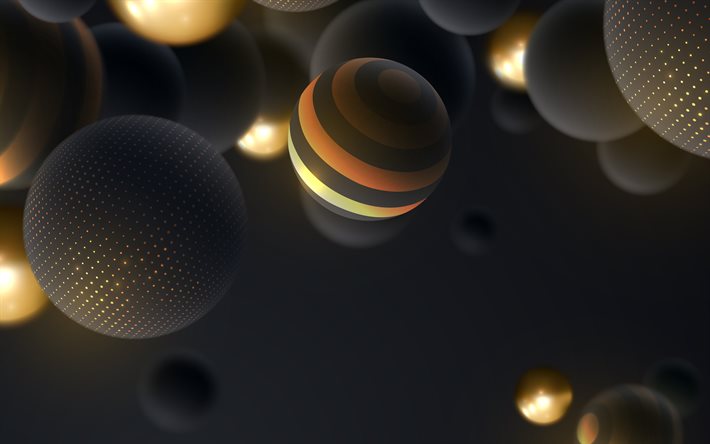 4k, negro esferas 3D, fondo negro, negro bolas, 3d bolas, esferas, geometr&#237;a, fondo con esferas, arte 3D, figuras geom&#233;tricas, las esferas fondos