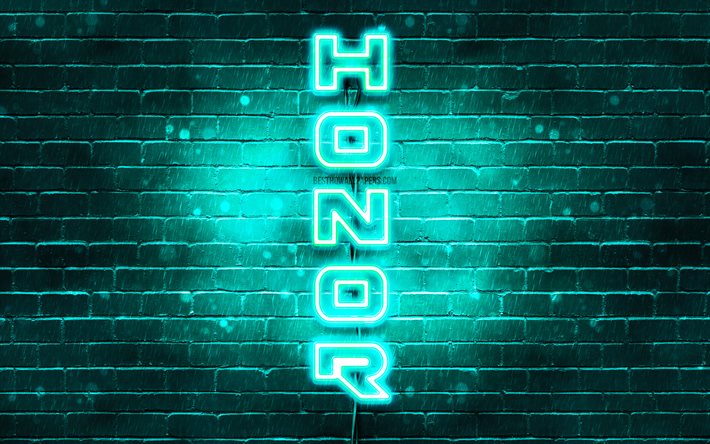 4K, l&#39;Honneur turquoise logo, texte vertical, turquoise brickwall, l&#39;Honneur n&#233;on logo, cr&#233;ative, l&#39;Honneur, logo, illustration, Honneur