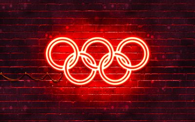 赤色のオリンピックリング, 4k, 赤brickwall, オリンピックのリサイン, オリンピック記号, ネオンオリンピックリング, オリンピックリング