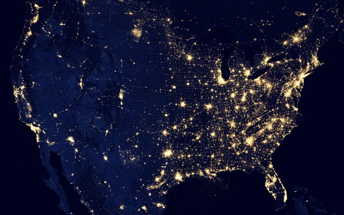 EUA &#224; noite, vista do espa&#231;o, EUA luzes da cidade, Mapa dos EUA, EUA, noite