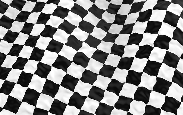 4k, 3D bandiera a scacchi, bandiera di corsa, nero e bianco, la bandiera, la bandiera di finitura, la bandiera con le cellule, bandiera a scacchi