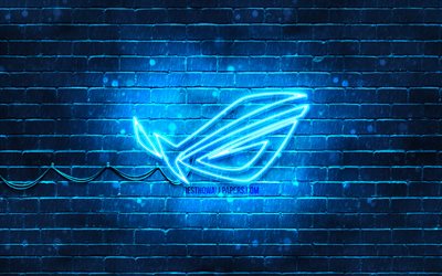 rog blaue logo, 4k, blau brickwall -, republic of gamers, rog-logo, marken, rog neon-logo, rog
