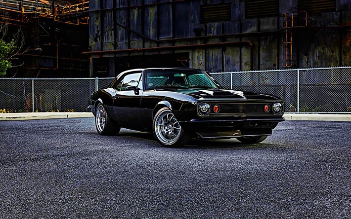 Download wallpapers Chevrolet Camaro SS 396, parking, 1967 cars, tuning,  supercars, retro cars, black Camaro, muscle cars, 1967 Chevrolet Camaro,  american cars, Chevrolet for desktop free. Pictures for desktop free