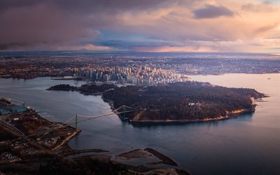Vancouver, aero de vista, vista desde arriba, tarde, puesta de sol, paisaje de la ciudad de Vancouver, horizonte de Vancouver, Columbia Brit&#225;nica, Canad&#225;