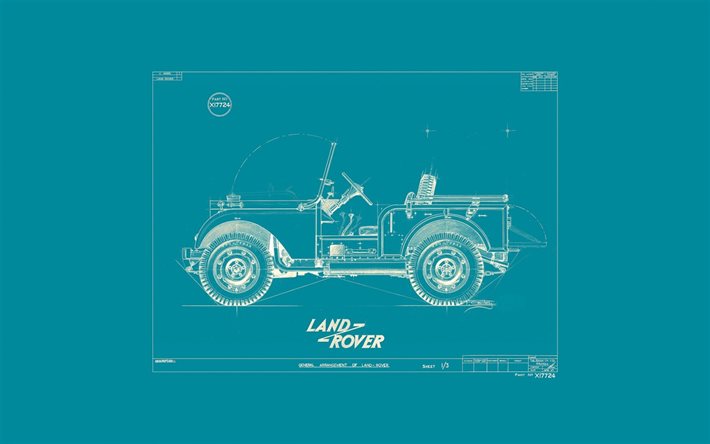 Land Rover Piirustus, minimaalinen, 1945 autoja, Land Rover Defender, piirretty land rover, british autot, Land Rover