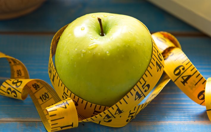 weight loss, slimming concepts, green apple and measuring tape, diet, proper nutrition