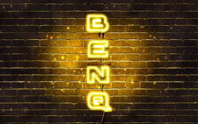 4K, BenQ jaune logo, texte vertical, jaune brickwall, BenQ n&#233;on logo, cr&#233;atif, BenQ, logo, illustration