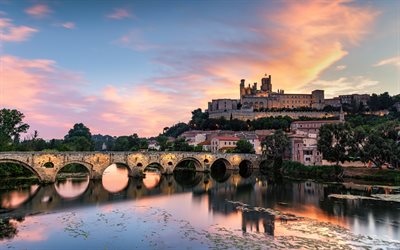 Beziers Cathedral, Orb, Roman Catholic church, evening, sunset, landmark, river, cityscape, Beziers, France