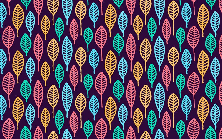 cartoon leaves pattern, 4k, background with leaves, multicolored leaves background, leaves textures, kids textures, cartoon leaves background, leaves patterns, leaves backgrounds