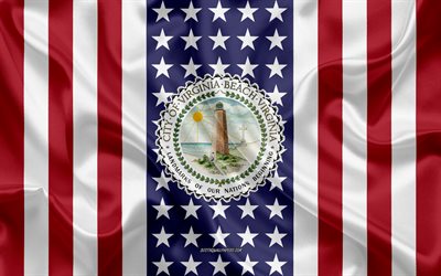 バージニアビーチシール, 4k, シルクの質感, アメリカのフラグ, 米国, バージニアビーチ, バージニア, アメリカの市, シールのバージニアビーチ, 絹の旗を