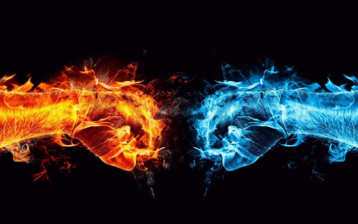 fire vs water, battle, 3D art, creative, fire flames, water, black backgrounds, two hands