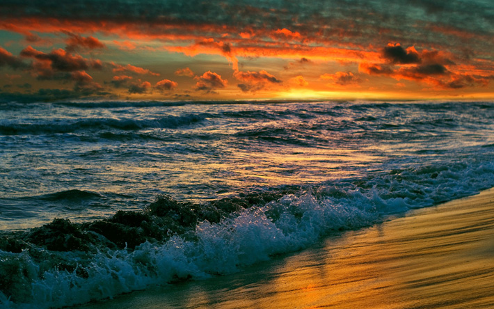 波, 海洋, 夕日, 夜, 美しい夕日, 海景, 水概念