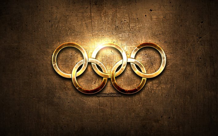 Gold Olympic rings, golden rings, artwork, brown metal background, creative, olympic symbols, Golden Olympic Rings