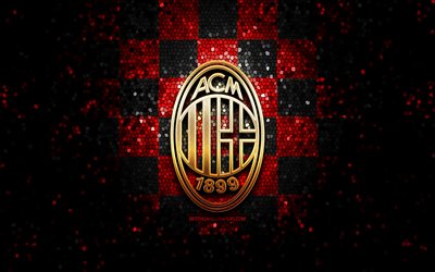 Milan FC, glitter logotyp, Serien, r&#246;d och svart rutig bakgrund, fotboll, AC Milan, italiensk fotboll club, AC Milan-logotyp, mosaik konst, Italien