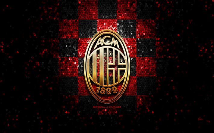 Milan FC, glitter logo, Serie A, red black checkered background, soccer, AC Milan, italian football club, AC Milan logo, mosaic art, football, Italy