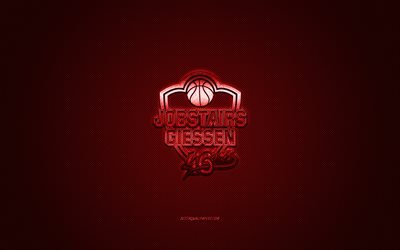 ギーセン46ers, ドイツのバスケットボールチーム, バレル, 赤いロゴ, 赤い炭素繊維の背景, バスケットボールブンデスリーガ, バスケットボール, ギーセン, ドイツ, ギーセン46ersのロゴ