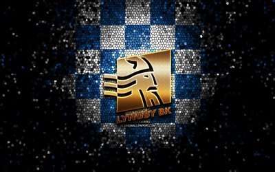 Lyngby FC, logo scintillant, Superliga danoise, fond damier blanc bleu, football, club de football danois, logo Lyngby, art de la mosa&#239;que, Lyngby BK