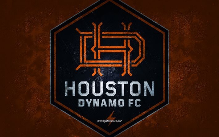 Houston Dynamo FC, novo logotipo, time de futebol americano, fundo de pedra laranja, logotipo do Houston Dynamo FC, arte grunge, MLS, futebol, EUA, emblema do Houston Dynamo FC