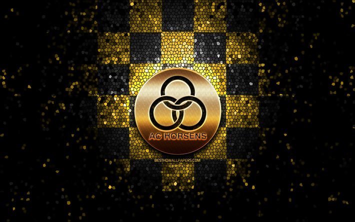 Horsens FC, logo glitter, Superliga danese, sfondo a scacchi nero giallo, calcio, squadra di calcio danese, logo Horsens, arte del mosaico, AC Horsens