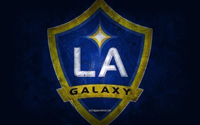 LA Galaxy, American soccer team, blue stone background, LA Galaxy logo, grunge art, MLS, soccer, USA, LA Galaxy emblem, Los Angeles Galaxy