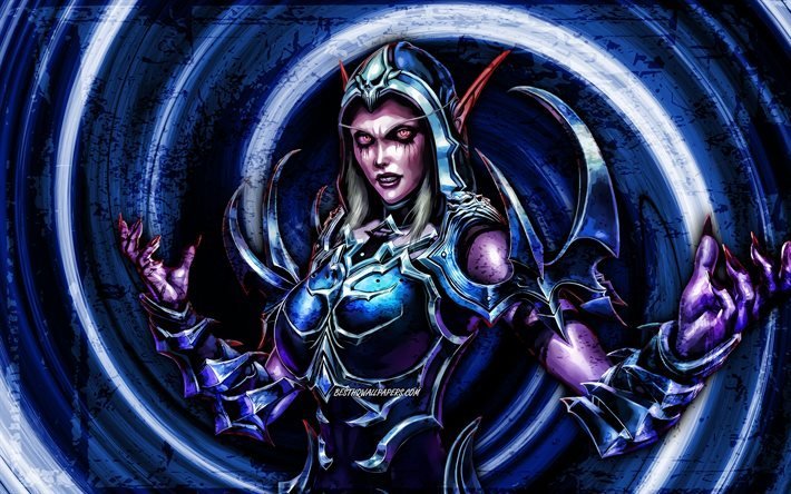 4k, Sylvanas Windrunner, mavi grunge arka plan, World of Warcraft, savaş&#231;ılar, WoW, girdap, World of Warcraft Shadowlands, Sylvanas Windrunner World of Warcraft