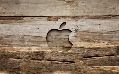 Apple wooden logo, 4K, wooden backgrounds, brands, Apple logo, creative, wood carving, Apple