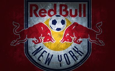 New York Red Bulls, squadra di calcio americana, sfondo di pietra rossa, logo New York Red Bulls, arte grunge, MLS, calcio, USA, emblema dei New York Red Bulls