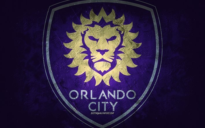 Orlando City SC, &#233;quipe de football am&#233;ricaine, fond de pierre pourpre, logo d&#39;Orlando City SC, art grunge, MLS, football, USA, embl&#232;me d&#39;Orlando City SC
