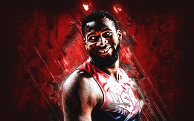 Andre Drummond, USA national basketball team, USA, American basketball player, portrait, United States Basketball team, red stone background