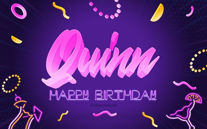 Buon compleanno Quinn, 4k, Sfondo festa viola, Quinn, arte creativa, Nome Quinn, Compleanno Quinn, Sfondo festa di compleanno