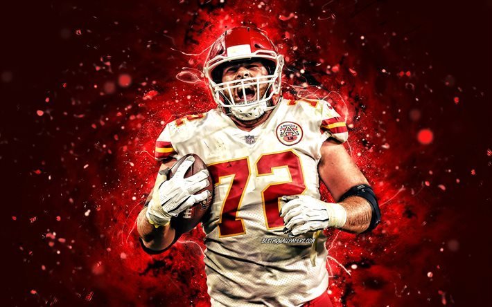 Eric Fisher, 4K, placcaggio offensivo, Kansas City Chiefs, football americano, NFL, Eric William Fisher, KC Chiefs, Eric Fisher 4K, luci al neon rosse, Eric Fisher KC Chiefs