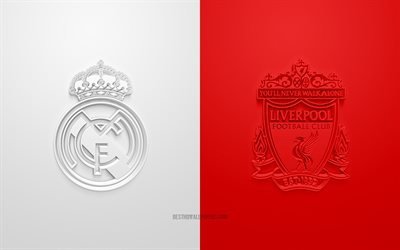 Real Madrid vs Liverpool FC, UEFA Champions League, quarterfinals, 3D logos, red and white background, Champions League, football match, Liverpool FC, Real Madrid