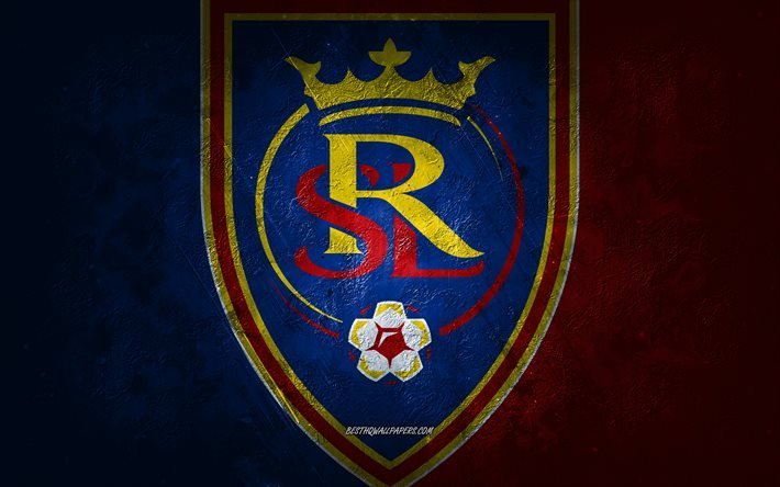 Real Salt Lake, American soccer team, red blue stone background, Real Salt Lake logo, grunge art, MLS, soccer, USA, Real Salt Lake emblem