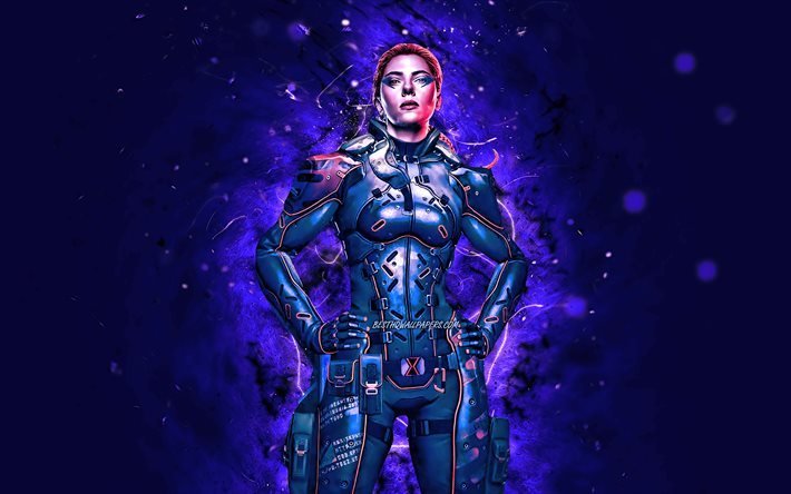 Black Widow, 4k, luzes de n&#233;on azuis, filme de 2021, super-her&#243;is, Marvel Comics, Scarlett Johansson, Black Widow 4K