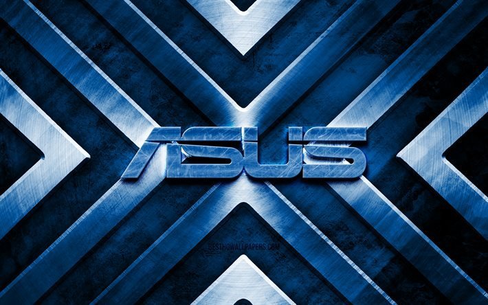 Asusの金属ロゴ, 4K, 青い金属の背景, ブランド, 金属の矢, Asusのロゴ, creative クリエイティブ, アスサ