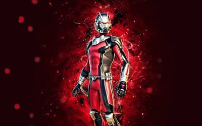 Ant-Man, 4k, luci al neon rosse, Fortnite Battle Royale, Personaggi Fortnite, Ant-Man Skin, Fortnite, Ant-Man Fortnite