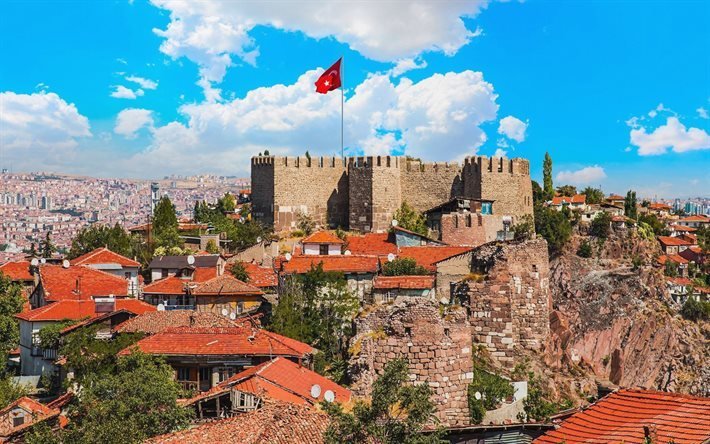 Castelo de Ancara, antiga fortaleza, bandeira da Turquia, Ancara, panorama, paisagem urbana de Ancara, Turquia