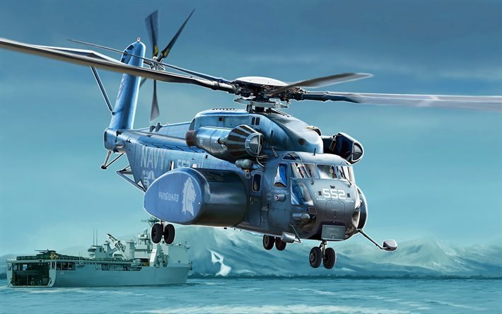Sikorsky CH-53 Sea Stallion, military heavy transport helicopter, CH-53, painted helicopters, US Navy, American helicopters, Sikorsky