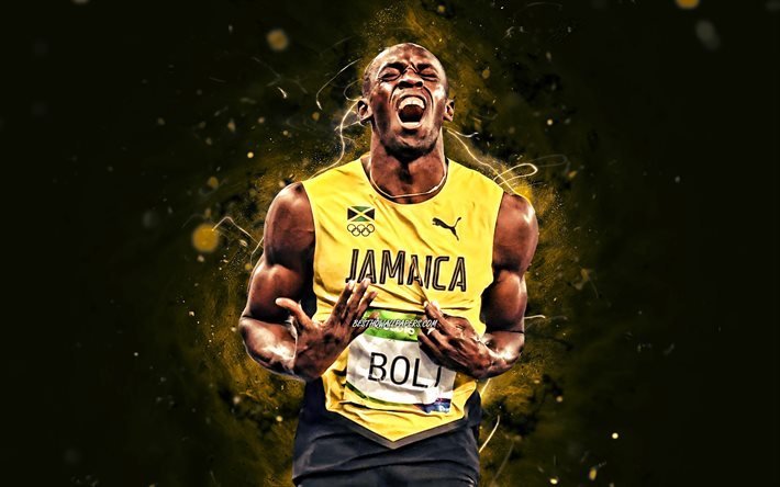 Usain Bolt, 4k, luzes de n&#233;on amarelas, ex-velocista jamaicano, atleta, Usain St Leo Bolt, atletismo, criativo, Usain Bolt 4K